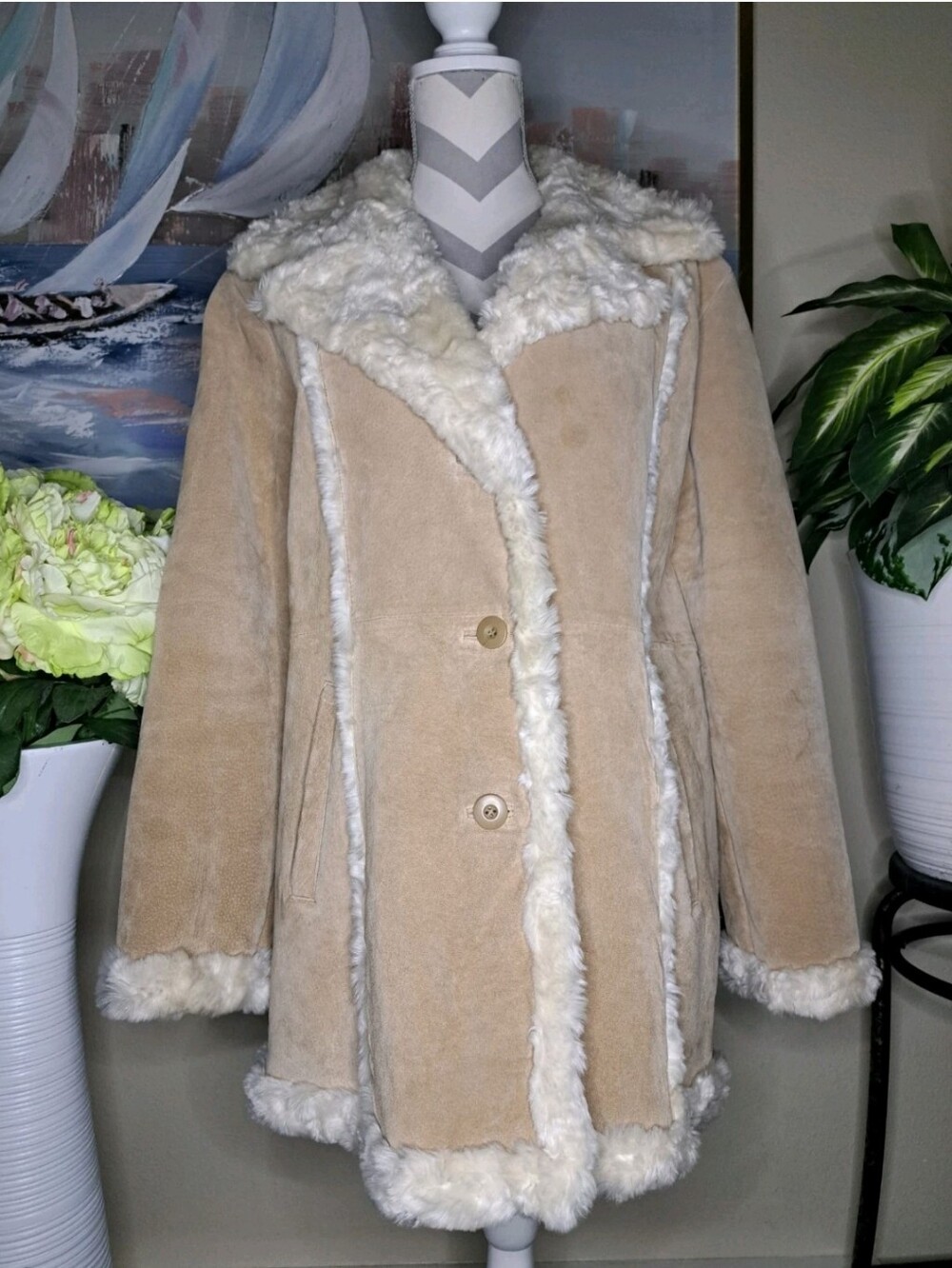 Wilsons Leather Maxima Tan Faux Shearling Trim Coat